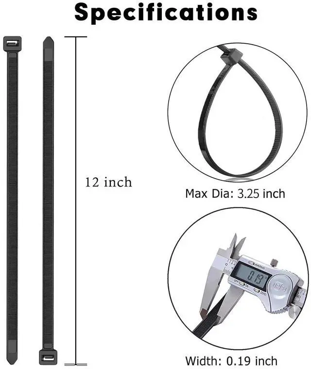 Alt view image 2 of 6 - 12 Inch Black Nylon Zip Ties, 1500 Pack Self-Locking 50lb Tensile