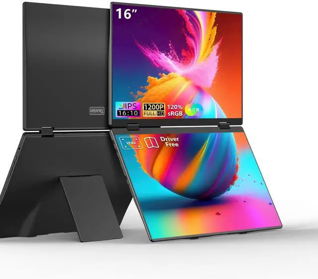 Main image of 16" Foldable Laptop Screen Extender, Dual Portable Monitors. | 1200P, Plug & Play, All-Metal, Ultra Slim, Extend/Mirror/Splicing/Flip Mode, USB-C/HDMI, Low Blue Light, Speaker, for Win/Mac