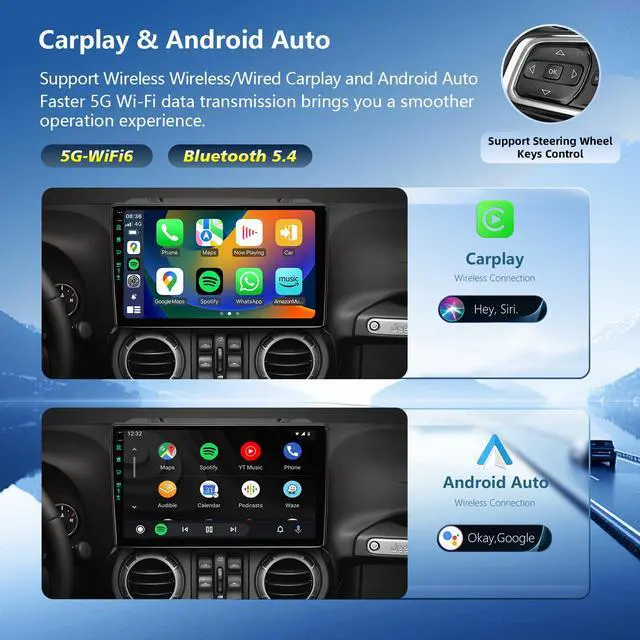 Alt view image 3 of 6 - 11th (4Ram 64Rom) Car System & 5G WiFi6(1201Mbps) for Jeep Wrangler Radio,Upgrade10.2 Inch Car Stereo GPS Navigation for JK Compass,Carplay Android Auto Mirroring Airplay SWC 1080P/AM+FM
