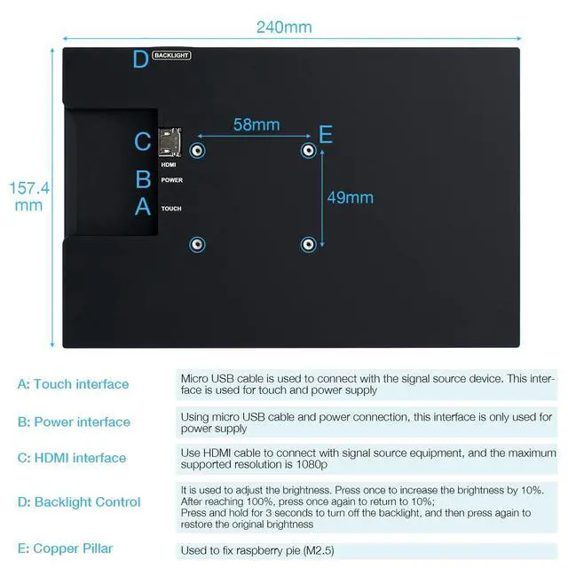 Alt view image 6 of 6 - 10.1" IPS LCD Capacitive Touchscreen Monitor HDMI Display 1280x800 for Raspberry Pi 5/4/3B+ Xbox PS4 Windows 7/8/10
