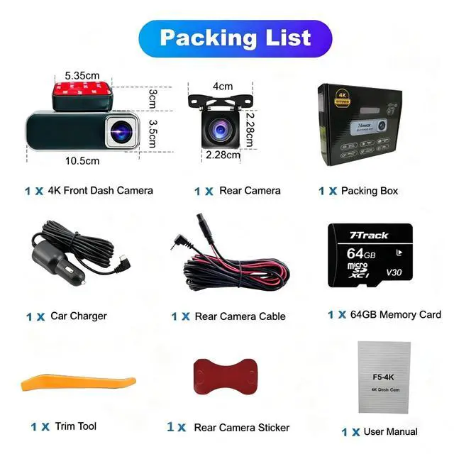 Alt view image 7 of 7 - Dash Cam Front and Rear, 4K+1080P Dash Camera for Cars, Dual Car Camera with WiFi & APP Control, 64GB Card, 3.19" IPS Screen, HDR, Night Vision, G-Sensor, Parking Mode, Loop Recording