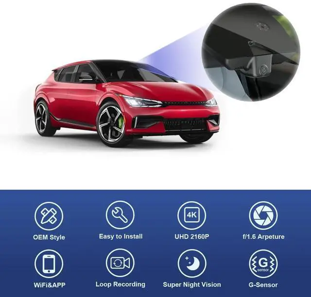 Alt view image 3 of 6 - 4K Dash Cam Compatible with Kia EV6 2022-2025 GT GT-Line Light Long Range Wind, OEM Factory Look, UHD 2160P Video, Loop Recording, Built-in WiFi & APP, G-Sensor, Easy to Install, 64GB Card