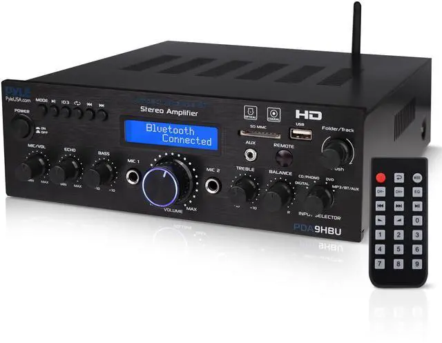 Main image of Wireless Bluetooth Home Stereo Amplifier - Multi-Channel 200 Watt Power Amplifier Home Audio Receiver System w/HDMI, Optical/Phono/Coaxial, FM Radio, USB/SD, AUX, RCA, Mic in - Remote - PDA9HBU