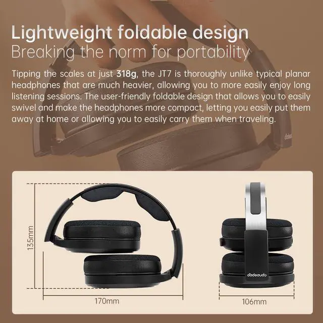 Alt view image 7 of 7 - JT7 Over-Ear Planar Magnetic Headphones, 95x86mm Planar Driver, 3µm Ultra-Thin Diaphragm, Foldable Lightweight Design, Detachable 4.4mm/3.5mm Cable for Audiophiles (Black)