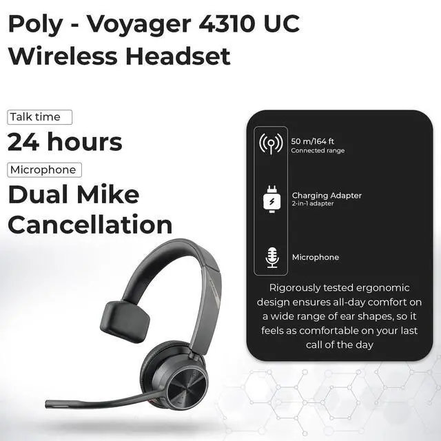 Alt view image 3 of 7 - Poly Voyager 4310 UC Wireless Headset + Charge Stand - Connect to PC/Mac & Cell Phone, Single-Ear Headset with Mic + Charging Station + USB A to C Adapter + USB C-C Cable + Pouch + Microfiber Cloth