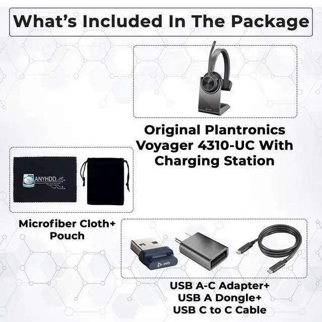 Alt view image 2 of 7 - Poly Voyager 4310 UC Wireless Headset + Charge Stand - Connect to PC/Mac & Cell Phone, Single-Ear Headset with Mic + Charging Station + USB A to C Adapter + USB C-C Cable + Pouch + Microfiber Cloth