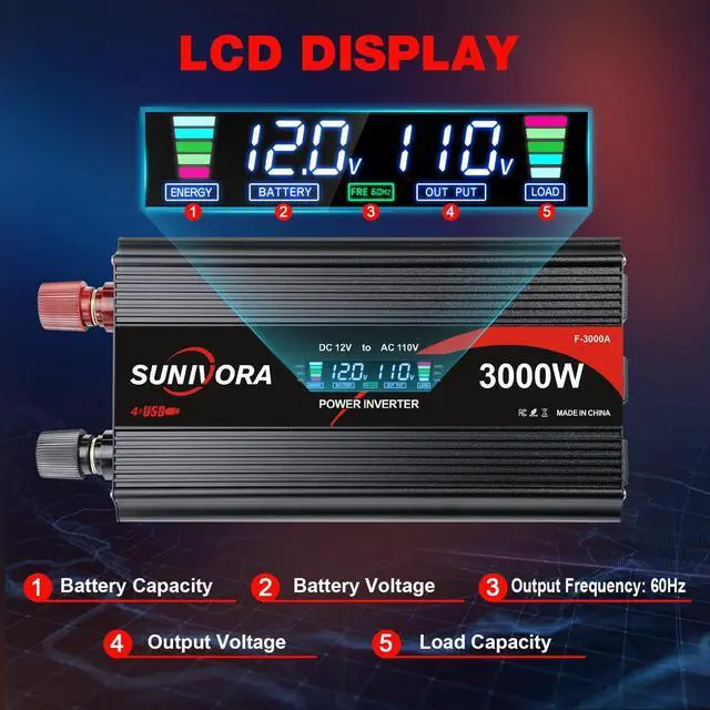 Alt view image 2 of 7 - 3000 Watt Power Inverter 12V to 110V/120V DC to AC Converter 6000W Peak, with Remote Control & LCD, 4 AC Outlets & 4 USB Ports Power Inverters for Vehicles Car Truck Boat RV Camping Solar System EPS