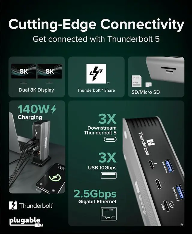 Alt view image 2 of 7 - Thunderbolt 5 Docking Station for MacBook Pro and Windows, 140W Charging, Dual 6K@60Hz Mac, Dual 8K Windows, 80/120Gbps, 3X Thunderbolt 5 Ports, 2.5GbE, Driverless (TBT-UDT3)