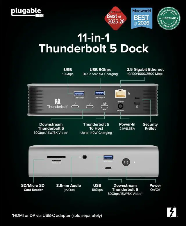 Alt view image 5 of 7 - Thunderbolt 5 Docking Station for MacBook Pro and Windows, 140W Charging, Dual 6K@60Hz Mac, Dual 8K Windows, 80/120Gbps, 3X Thunderbolt 5 Ports, 2.5GbE, Driverless (TBT-UDT3)