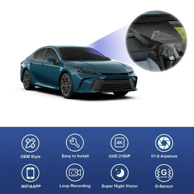 Alt view image 3 of 6 - 4K Dash Cam Suitable for Toyota Camry 2025-2026 LE SE XLE XSE Nightshade (HD2-06090), OEM Factory Look, UHD 2160P Video, Built-in WiFi & APP, Loop Recording, G-Sensor, Plug & Play, 64GB Card