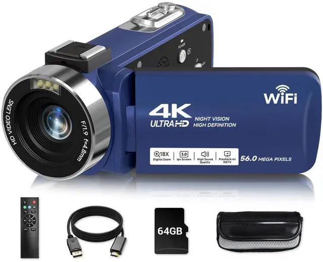 Main image of Video Camera, 4K Camcorder 56MP Digital Video Recorder 18X Zoom 3" 270° Rotation Touchscreen IR Night Vision, Wifi Vlogging Camera for YouTube 64GB Card Anti-Shake Remote Control Camera Bag Lens Cap