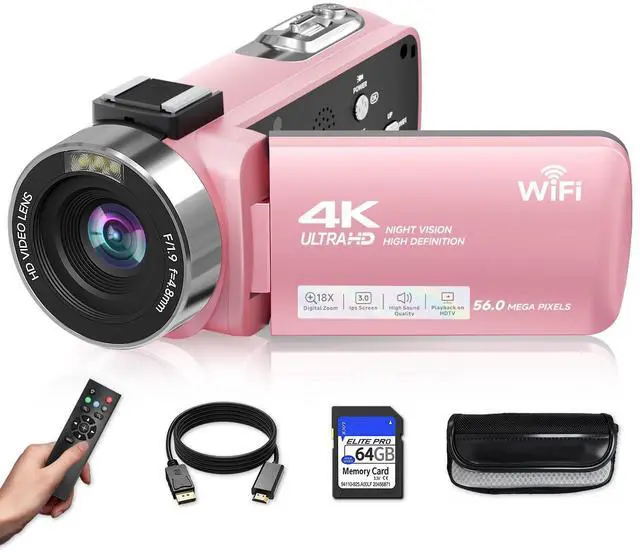 Main image of Video Camera, 4K Camcorder 56MP Digital Video Recorder 18X Zoom 3" 270° Rotation Touchscreen IR Night Vision, Wifi Vlogging Camera for YouTube 64GB Card Anti-Shake Remote Control Camera Bag Lens Cap