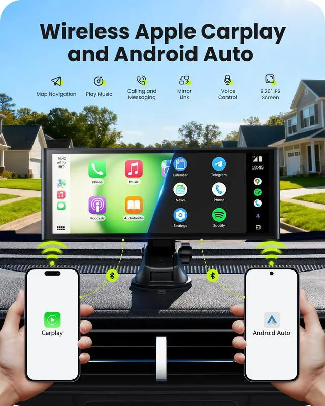 Alt view image 2 of 7 - 9.26" Wireless Car Play Screen for Apple CarPlay & Android Auto, Portable Car Tablet with Backup Camera, Mirror Link, OTA Updates, Bluetooth 5.2, GPS Navigation, Plug & Play