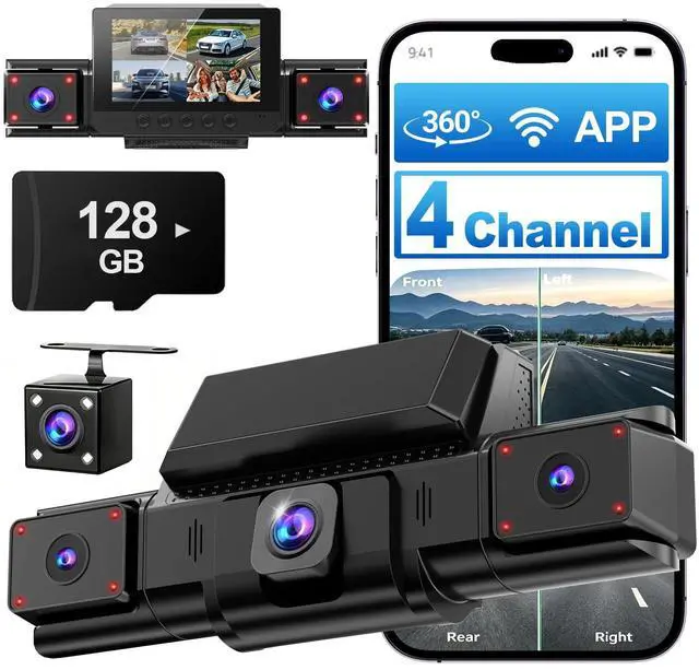 Main image of 4 Channel Dash Cam,360° All-Around View Front Rear Left Right Inside Car Camera,3" IPS Screen,4-Way Dash Cam with 24H Parking Mode,8 IR Night Vision,G-Sensor,128GB Card Included
