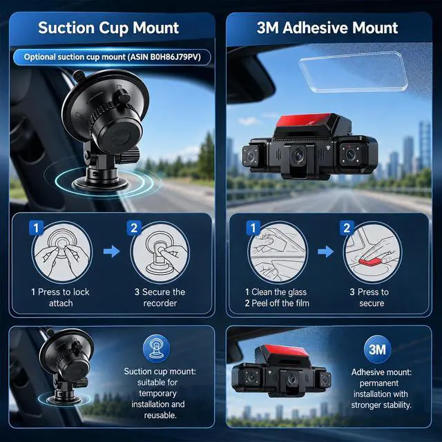 Alt view image 2 of 7 - 4 Channel Dash Cam,360° All-Around View Front Rear Left Right Inside Car Camera,3" IPS Screen,4-Way Dash Cam with 24H Parking Mode,8 IR Night Vision,G-Sensor,128GB Card Included
