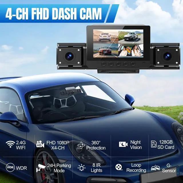 Alt view image 3 of 7 - 4 Channel Dash Cam,360° All-Around View Front Rear Left Right Inside Car Camera,3" IPS Screen,4-Way Dash Cam with 24H Parking Mode,8 IR Night Vision,G-Sensor,128GB Card Included