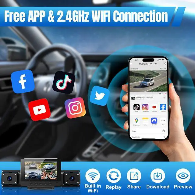 Alt view image 6 of 7 - 4 Channel Dash Cam,360° All-Around View Front Rear Left Right Inside Car Camera,3" IPS Screen,4-Way Dash Cam with 24H Parking Mode,8 IR Night Vision,G-Sensor,128GB Card Included