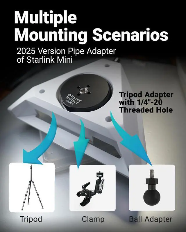 Alt view image 5 of 7 - ORLNK Tripod Adapter Mount for Starlink Mini with 1/4"-20, 3/8"-16 Threaded | Fits Quick-Release Plate, Ball Mount Clamp, Flush Installation, Lightweight Aluminum Alloy, ORLNK SM04