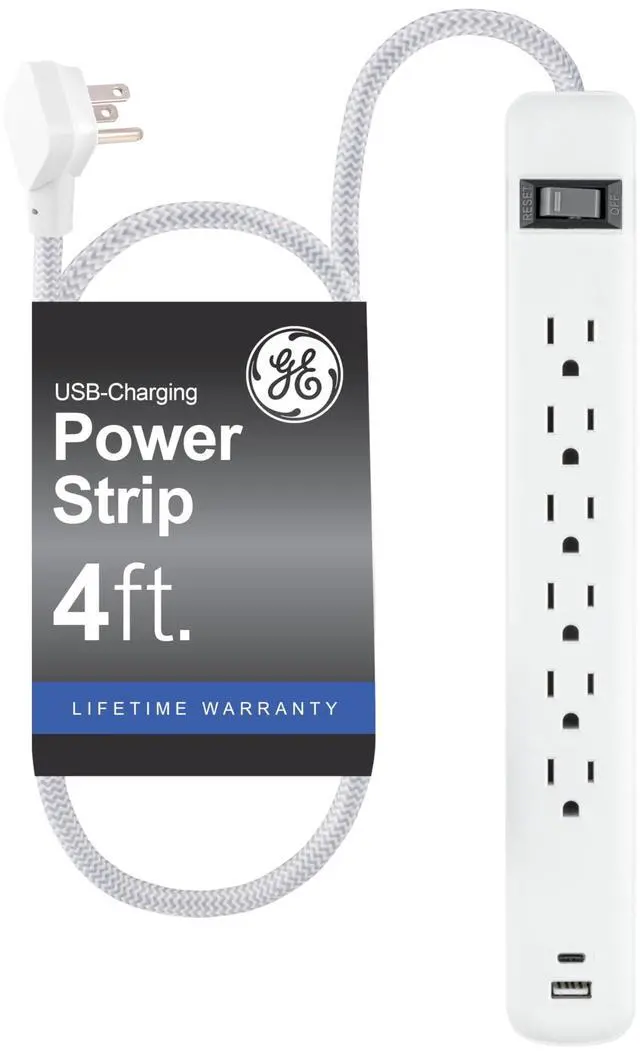 Main image of Power Strip with USB Ports, 4 Ft Extension Cord, 6 Outlet Extender | 1 USB-A, 1 USB-C, Flat Plug, Wall Mount, On Off Switch, Braided Extension Cord, ETL Safety Listed, White, 85706
