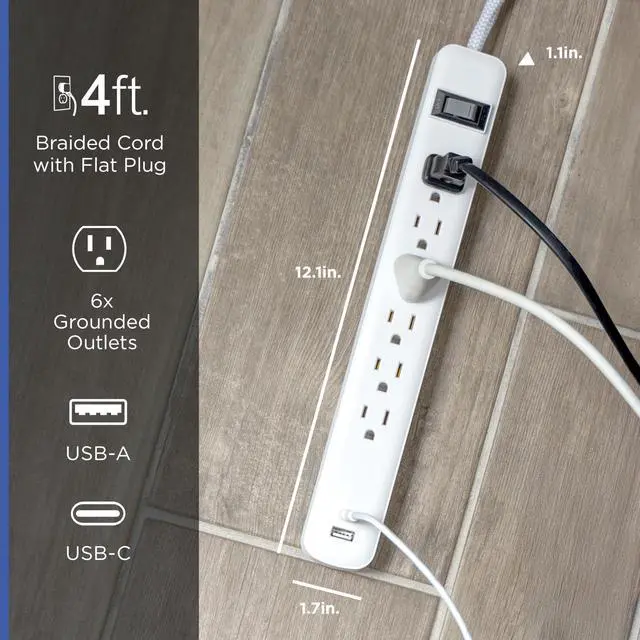 Alt view image 2 of 6 - Power Strip with USB Ports, 4 Ft Extension Cord, 6 Outlet Extender | 1 USB-A, 1 USB-C, Flat Plug, Wall Mount, On Off Switch, Braided Extension Cord, ETL Safety Listed, White, 85706