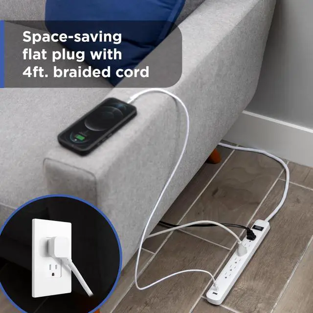 Alt view image 3 of 6 - Power Strip with USB Ports, 4 Ft Extension Cord, 6 Outlet Extender | 1 USB-A, 1 USB-C, Flat Plug, Wall Mount, On Off Switch, Braided Extension Cord, ETL Safety Listed, White, 85706