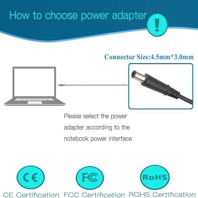 Alt view image 3 of 7 - 45W (4.5 * 3.0 mm Jack 19.5V 2.31A) AC Charger Fit for DELL Inspiron 11/13/14/15/17 3000 5000 7000 Series(3583 3593 5570) Latitude E5450 XPS 13-45 Watt AC 2-in-1 Computer Power Adapter Cord