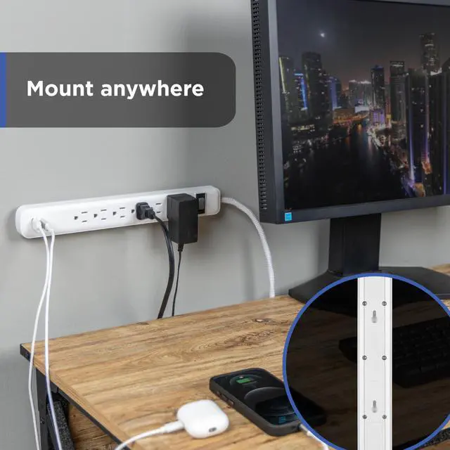 Alt view image 4 of 6 - Power Strip with USB Ports, 4 Ft Extension Cord, 6 Outlet Extender | 1 USB-A, 1 USB-C, Flat Plug, Wall Mount, On Off Switch, Braided Extension Cord, ETL Safety Listed, White, 85706