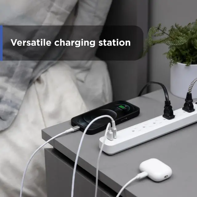 Alt view image 5 of 6 - Power Strip with USB Ports, 4 Ft Extension Cord, 6 Outlet Extender | 1 USB-A, 1 USB-C, Flat Plug, Wall Mount, On Off Switch, Braided Extension Cord, ETL Safety Listed, White, 85706