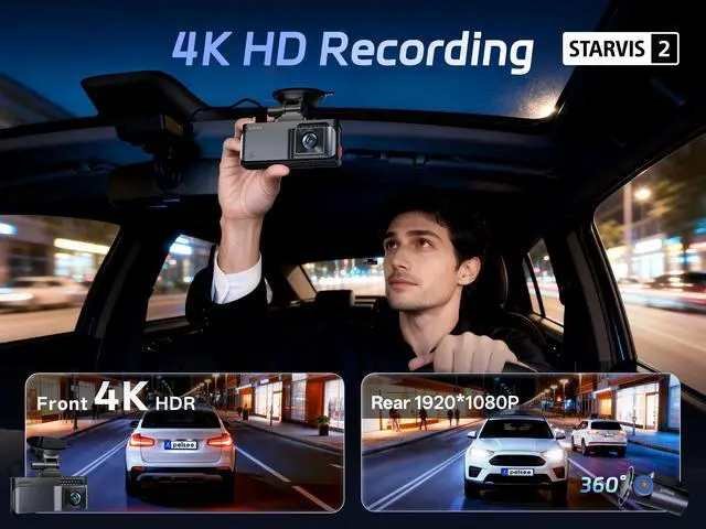 Alt view image 2 of 7 - S3 Touch 4K Dash Cam Front and Rear, STARVIS 2 Sensor, 128GB Card | STARLIT Full Color Night Vision,WiFi 6,ADAS,GPS,Dash Camera for Cars with 3.39"IPS Screen, Voice Control,24H Parking Mode