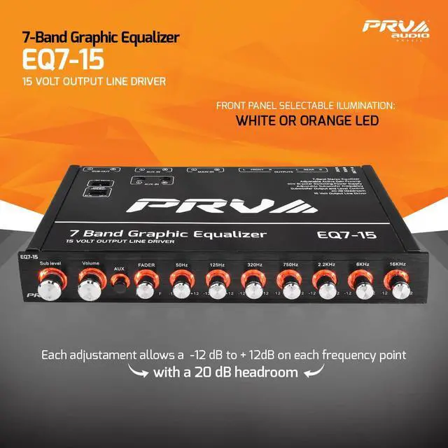 Alt view image 2 of 7 - EQ7-15 7 Band Graphic Equalizer 15 Volt RCA Line-Level Output with Fader and Subwoofer Level Control for Car Audio