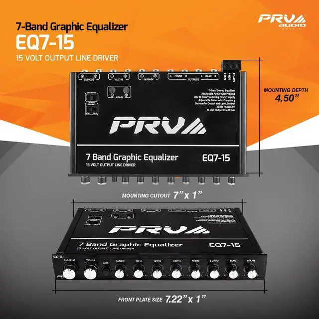 Alt view image 4 of 7 - EQ7-15 7 Band Graphic Equalizer 15 Volt RCA Line-Level Output with Fader and Subwoofer Level Control for Car Audio