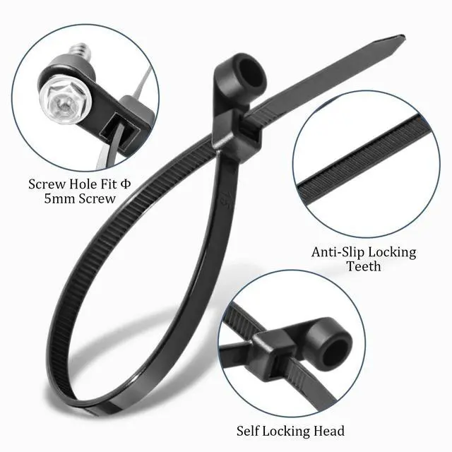 Alt view image 3 of 7 - 1000 Pcs Plastic Zip Tie with Screw Hole 7.5 Inch 50lbs Black Screw Zip Ties with Mounting Hole Multipurpose Heavy Duty for Indoor and Outdoor Use