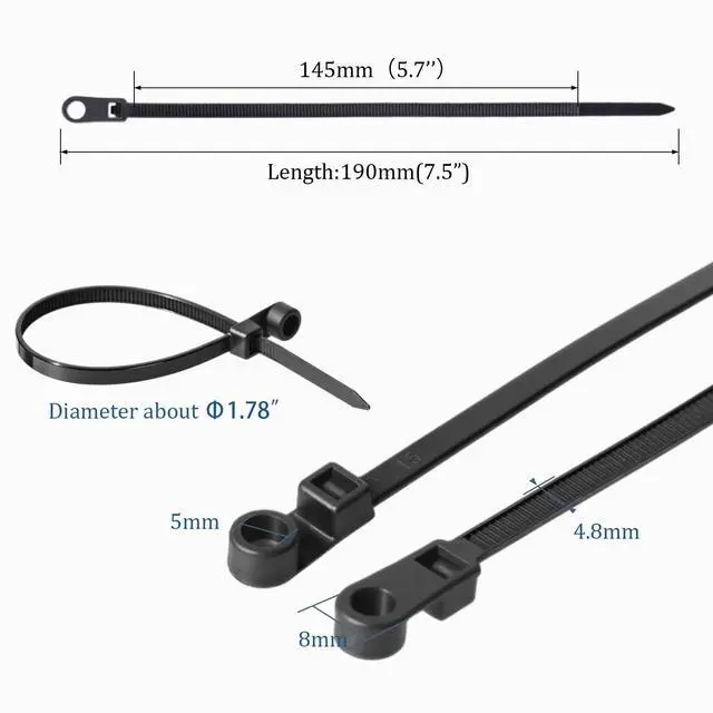 Alt view image 4 of 7 - 1000 Pcs Plastic Zip Tie with Screw Hole 7.5 Inch 50lbs Black Screw Zip Ties with Mounting Hole Multipurpose Heavy Duty for Indoor and Outdoor Use