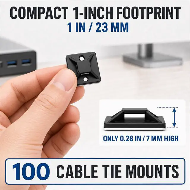 Alt view image 5 of 7 - 100 PCS 1" Adhesive Cable Tie Mounts Strong Sticky Back Nylon Wire Holders for Cable Management in Home, Office, Car & Christmas Lights (BLACK-100)