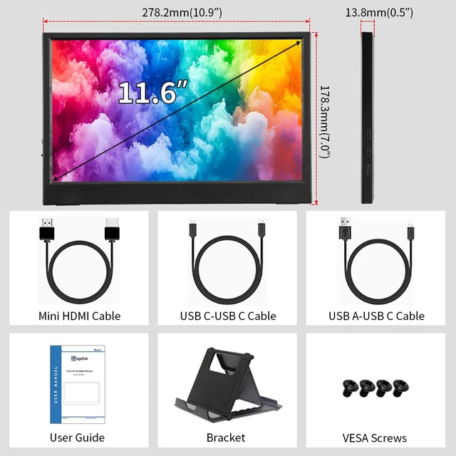 Alt view image 7 of 7 - 11.6 Inch Portable Monitor, 1366x768 HD IPS Small HDMI Display, Dual USB-C, Low Power External Screen for Laptop PC Mac Switch Rasp Pi Xbox, Lightweight Second Monitor with Stand