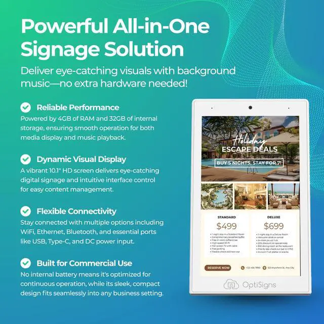 Alt view image 4 of 7 - OptiKiosk 10 - Countertop Digital Signage Kiosk, 10.1" HD Touchscreen Display with Wi-Fi, Ethernet & Bluetooth, Software, Optional Background Music