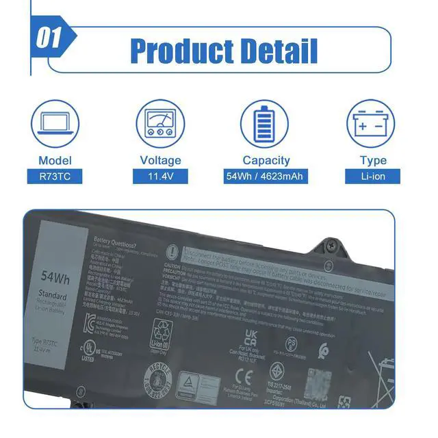 Alt view image 2 of 6 - 54Wh R73TC DR02P Laptop Battery Replacement for Dell Precision 3490 3480 3590 3580 Latitude 5450 5440 5540 5550 Series Notebook 803W6 0803W6 2X1V9 02X1V9 11.4V 4623mAh