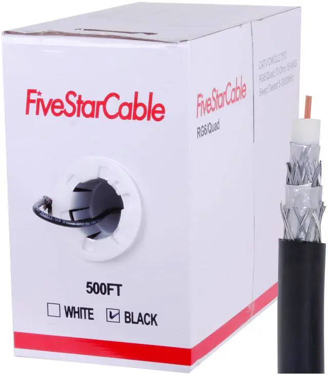 Main image of RG6 500ft Quad Shielded Coaxial Cable - Easy Pull Box, Black & White, ETL, CL2 Rated, 18 AWG, 75 Ohm, for HDTV, Satellite, Cable TV, Internet, and CCTV Installations (Black, 500 Ft)