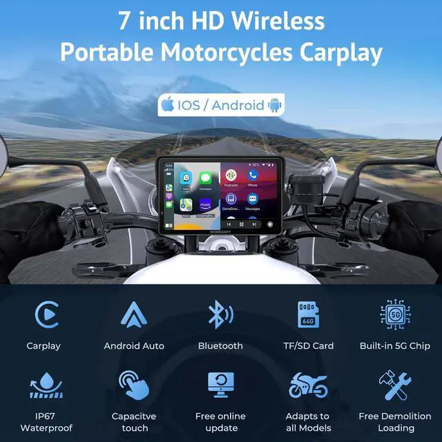 Alt view image 2 of 7 - W722 Motorcycle CarPlay Wireless with Android Auto Screen | 7 Inch IP67 Waterproof GPS Navigation Screen for Motorcycle Tours, Dual Bluetooth, EQ, Light Sensor and USB/Hardwire Power