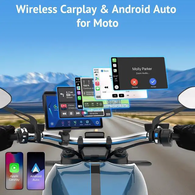 Alt view image 3 of 7 - W722 Motorcycle CarPlay Wireless with Android Auto Screen | 7 Inch IP67 Waterproof GPS Navigation Screen for Motorcycle Tours, Dual Bluetooth, EQ, Light Sensor and USB/Hardwire Power