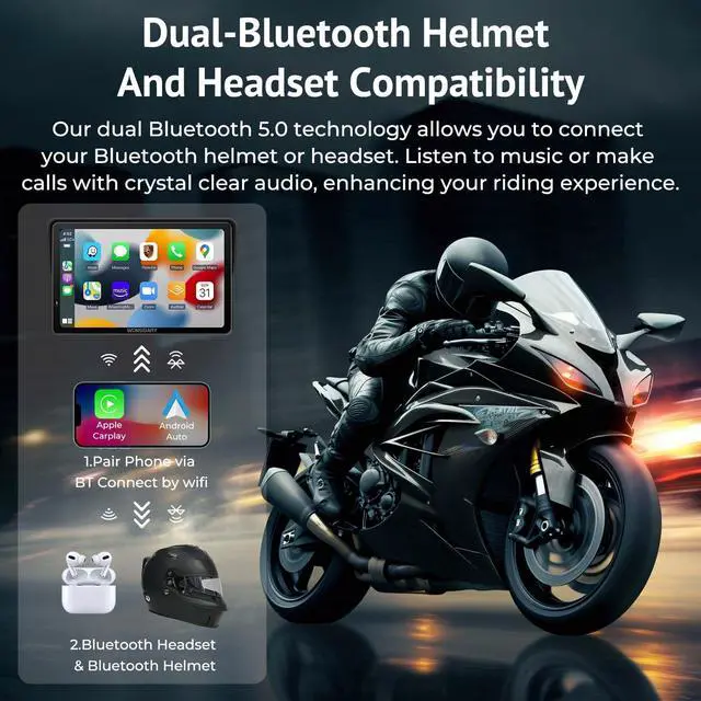 Alt view image 4 of 7 - W722 Motorcycle CarPlay Wireless with Android Auto Screen | 7 Inch IP67 Waterproof GPS Navigation Screen for Motorcycle Tours, Dual Bluetooth, EQ, Light Sensor and USB/Hardwire Power