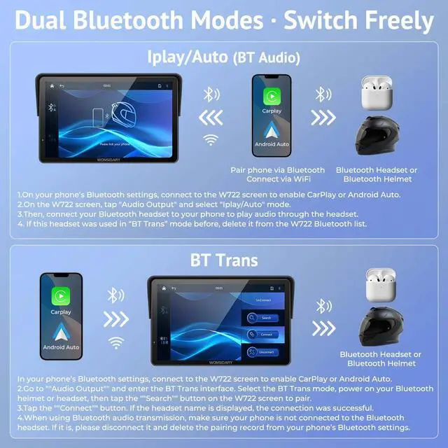 Alt view image 5 of 7 - W722 Motorcycle CarPlay Wireless with Android Auto Screen | 7 Inch IP67 Waterproof GPS Navigation Screen for Motorcycle Tours, Dual Bluetooth, EQ, Light Sensor and USB/Hardwire Power