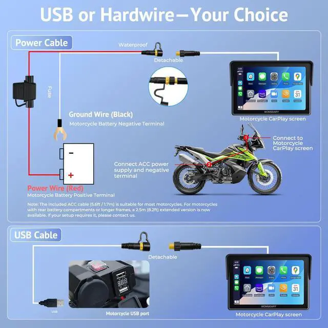Alt view image 6 of 7 - W722 Motorcycle CarPlay Wireless with Android Auto Screen | 7 Inch IP67 Waterproof GPS Navigation Screen for Motorcycle Tours, Dual Bluetooth, EQ, Light Sensor and USB/Hardwire Power