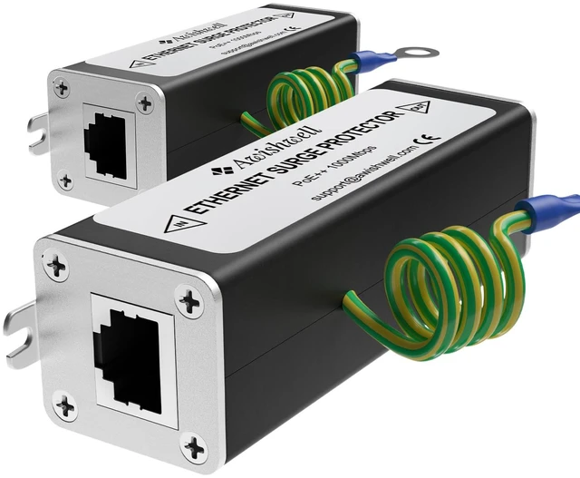 Main image of 20KA Ethernet Surge Protector Gigabit, 2 Pack PoE++ RJ45 Lightning Arrestor CAT5/CAT6 Network Thunder Protector with Transformer, Mounting Flange, GDT Metal Shielded LAN Surge Protection