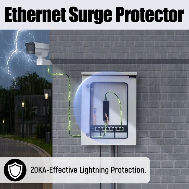 Alt view image 2 of 7 - 20KA Ethernet Surge Protector Gigabit, 2 Pack PoE++ RJ45 Lightning Arrestor CAT5/CAT6 Network Thunder Protector with Transformer, Mounting Flange, GDT Metal Shielded LAN Surge Protection