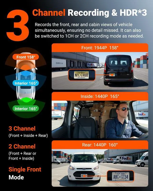 Alt view image 2 of 7 - N4S 3 Channel Dash Cam, STARVIS 2 HDR IR Night Vision | 2.7K+1440P+1440P Front Inside Rear,PlatePix, Voice Control,GPS,24/7 Parking Mode,Supports 1TB Max