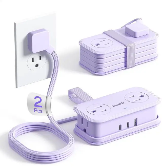 Main image of 2 Pcs Travel Power Strip, Extension Cord with Multiple Outlets, 3.3FT Wrapped Extension Flat Plug Power Strip with 4 AC Outlets for Travel, Hotel, Cruise Approved, No Surge Protection, Purple