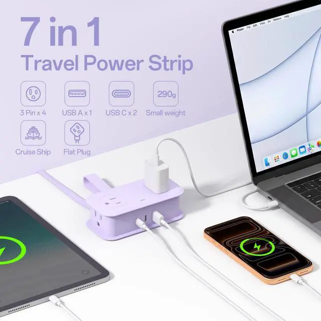 Alt view image 2 of 7 - 2 Pcs Travel Power Strip, Extension Cord with Multiple Outlets, 3.3FT Wrapped Extension Flat Plug Power Strip with 4 AC Outlets for Travel, Hotel, Cruise Approved, No Surge Protection, Purple