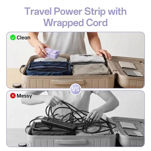 Alt view image 6 of 7 - 2 Pcs Travel Power Strip, Extension Cord with Multiple Outlets, 3.3FT Wrapped Extension Flat Plug Power Strip with 4 AC Outlets for Travel, Hotel, Cruise Approved, No Surge Protection, Purple