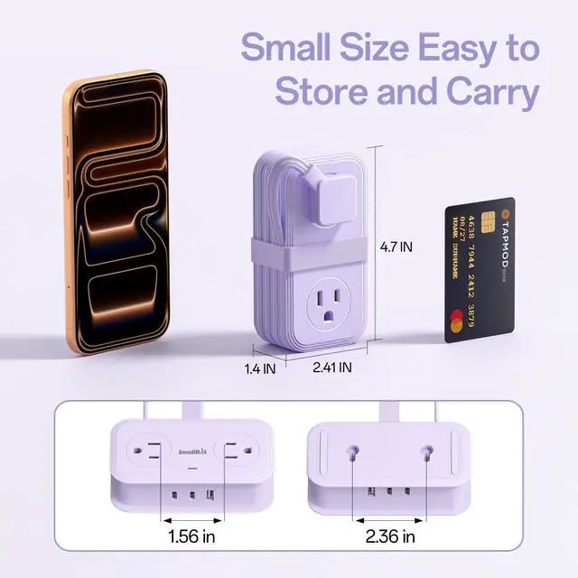 Alt view image 7 of 7 - 2 Pcs Travel Power Strip, Extension Cord with Multiple Outlets, 3.3FT Wrapped Extension Flat Plug Power Strip with 4 AC Outlets for Travel, Hotel, Cruise Approved, No Surge Protection, Purple